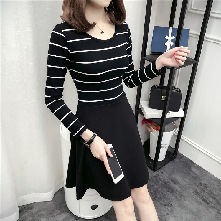 春秋新款韩版棉条纹圆领长袖高腰假两件大摆连衣裙女修身打底时尚
