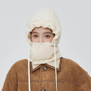 日系百搭羽绒皮面雷锋帽子女可围脖防寒保暖一体帽秋冬休闲套头帽