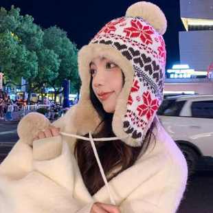 帽子女冬季新款保暖加厚毛线帽东北出游可爱三毛球毛绒护耳雷锋帽