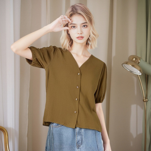 3n雪纺衬衫女装夏装新款韩版V领抽绳泡泡袖上衣设计感品牌折扣