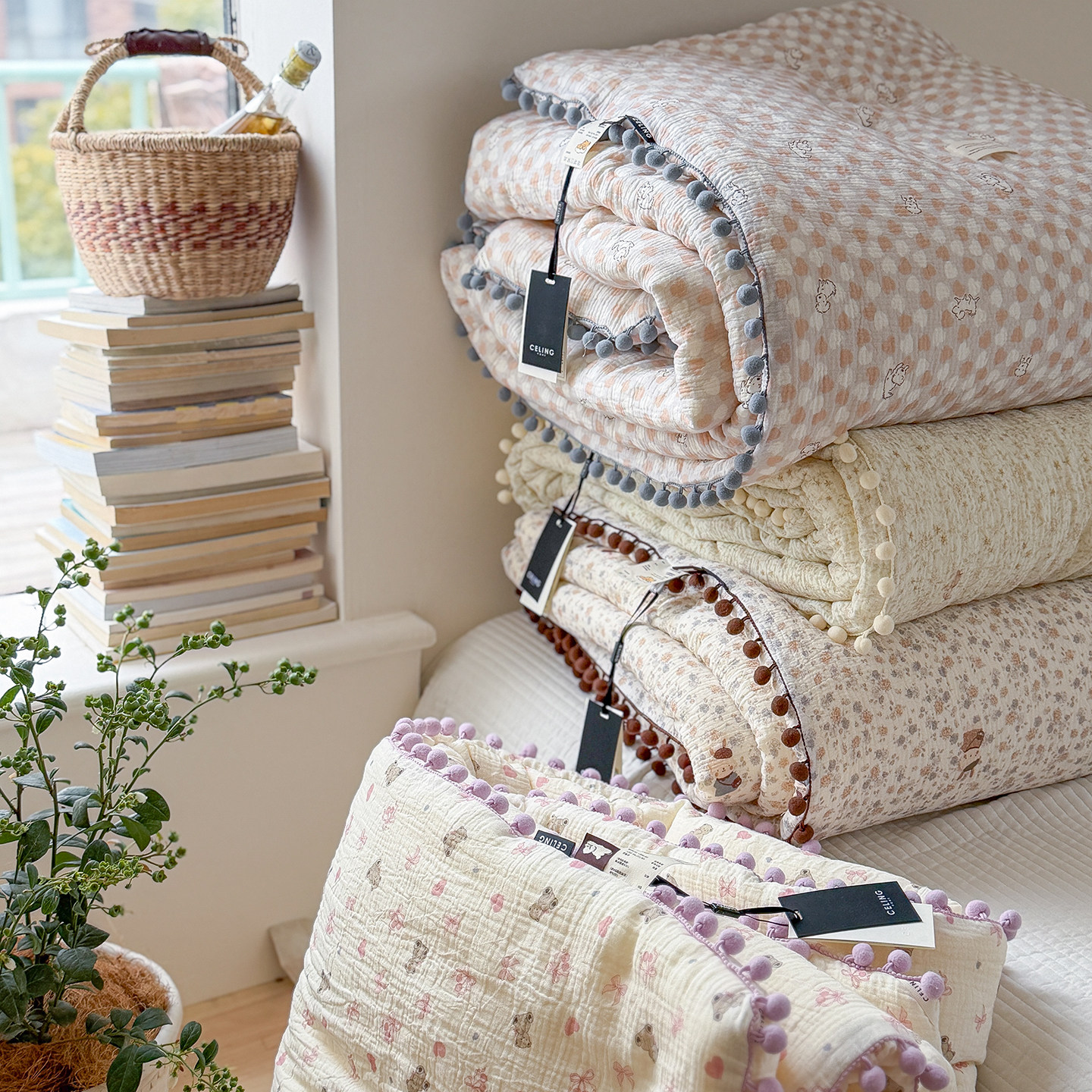 春夏优选新品纯棉球球边皱皱纱一体夏被可机洗空调被全棉被子被芯