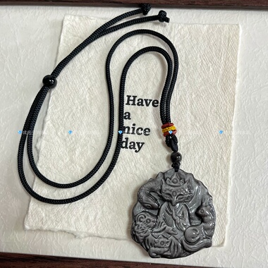 天然银曜石五仙九尾狐吊坠狐狸黑曜石狐牌挂坠新中式情侣项链礼物