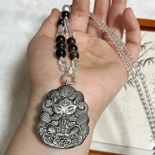 招财天然银曜石九尾狐将军狐吊坠水晶狐狸项链黑曜石狐牌锁骨链女