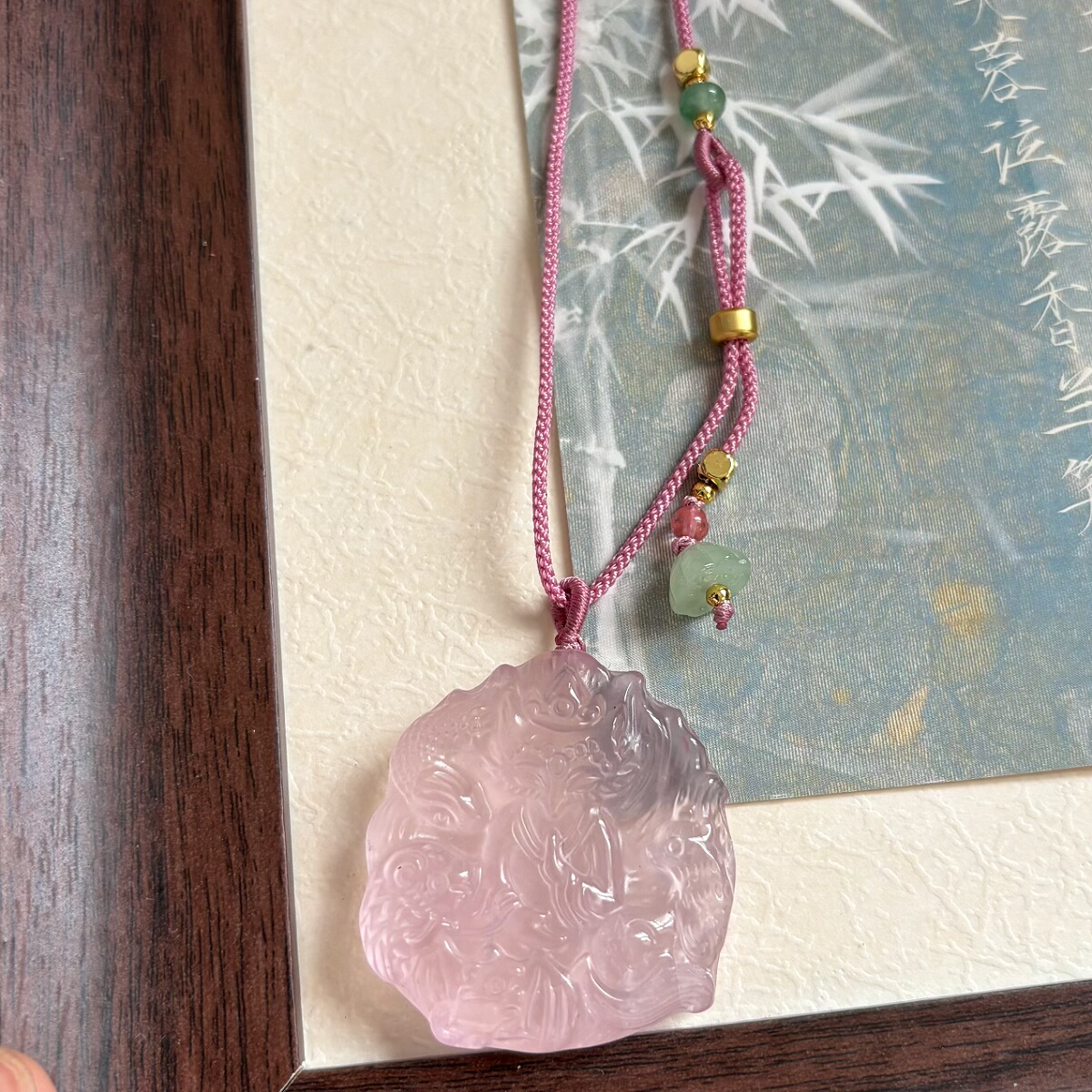 天然粉水晶九尾狐吊坠五仙狐狸狐牌水晶项链万能毛衣链桃花锁骨链