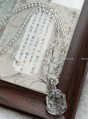 天然白水晶双面雕狐狸吊坠狐宝九尾狐项链狐牌锁骨链礼物女桃花