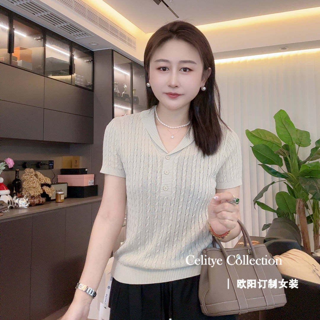 春夏新款韩版翻领麻花纹短袖套头针织衫百搭显瘦气质上衣   35351