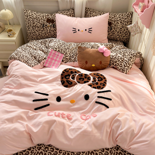 2026新款 全棉豹纹kitty毛巾绣床上四件套学生三件套纯棉床单被套
