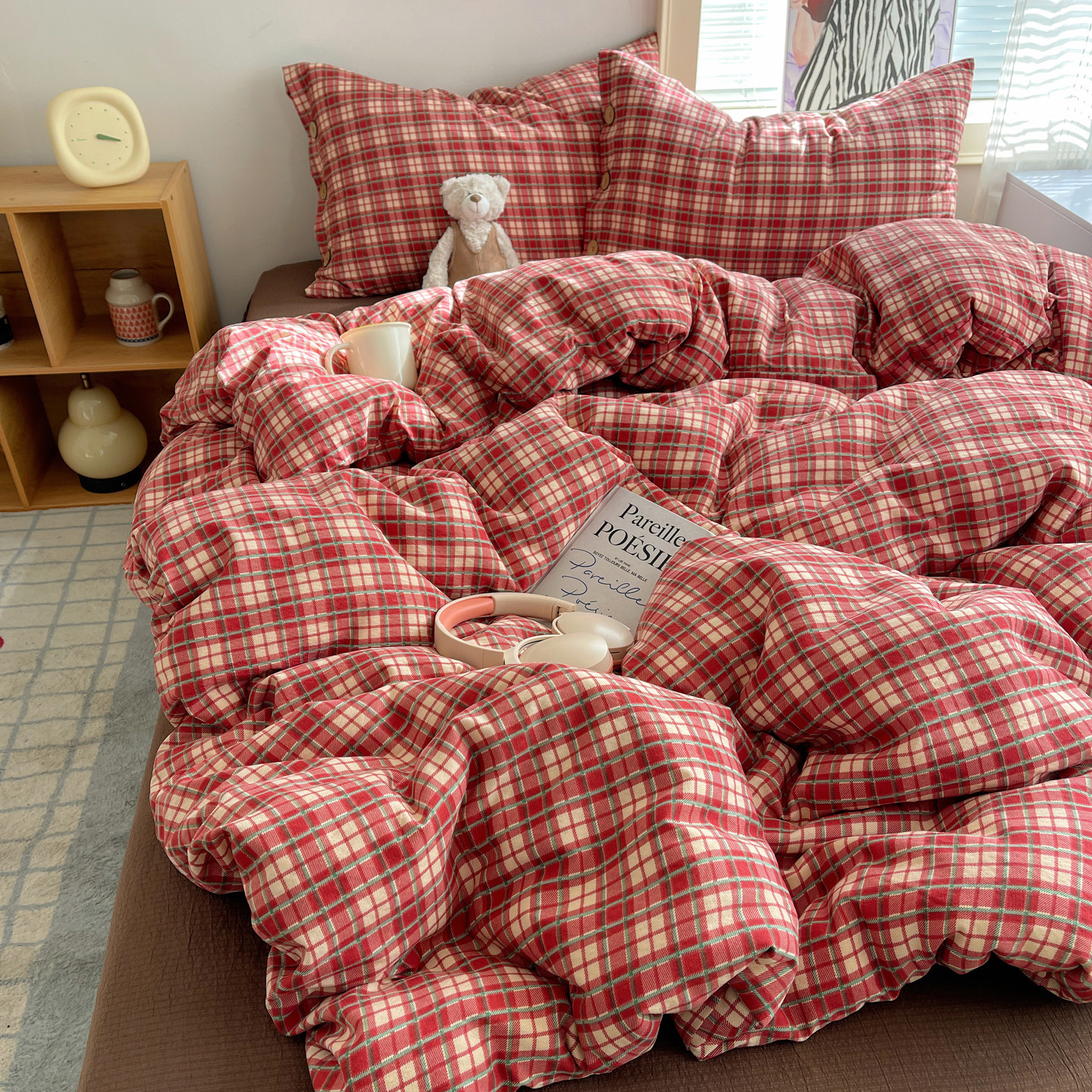 新款格子条纹双拼纽扣款四件套全棉床单被套学生宿舍三件套老钱风