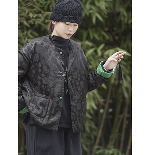 新款丝麻提花棉衣女款冬季复古盘扣宽松棉袄新中式保暖短款棉服