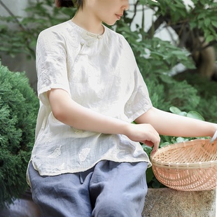 有间女装2025夏苎麻新中式重工刺绣衬衫复古女中国风盘扣别致上衣