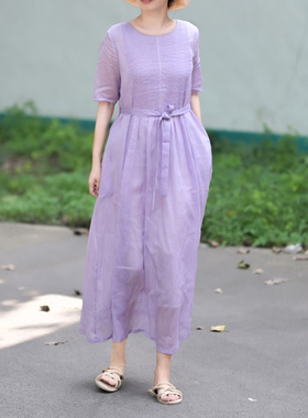 有间夏季新款烟紫色轻薄苎麻压绉连衣裙飘逸双层不透中袖休闲长款