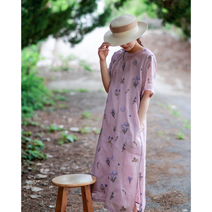 有间新款天然苎麻禅意复古印花连衣裙女茶人服旗袍女新中式夏日常