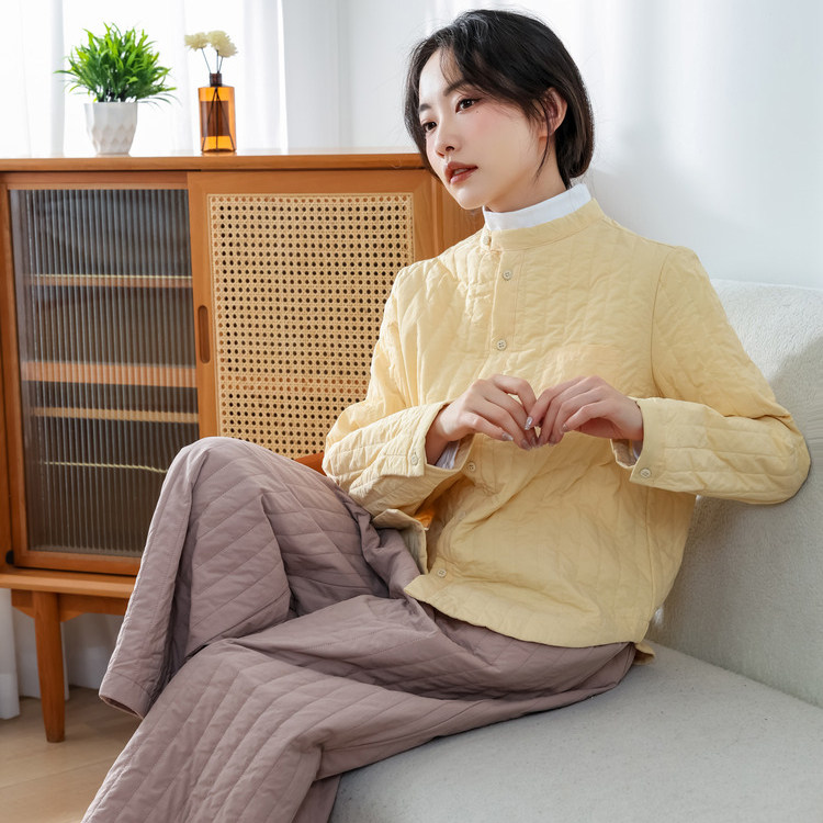 有间新款休闲文艺全棉纸感立领显瘦夹棉长袖衬衫条纹绗线保暖棉衣