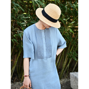 2025新款原创亚麻刺绣长款中袖连衣裙棉麻长裙女改良旗袍禅意茶服