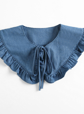 韩版百搭牛仔假领子女荷叶边减龄娃娃领蓝色配裙小披肩外搭装饰领
