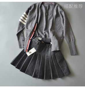 TB百褶裙春季女2024新款高腰加厚羊毛呢A字半身裙学院风灰色短裙