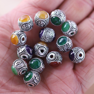 尼泊尔穿孔藏银镶嵌福字六字真言散珠八大守护神复古喜字串珠隔珠