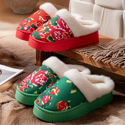 东北大花棉拖鞋女冬季加绒厚底保暖中国民族风喜庆情侣棉拖鞋国潮