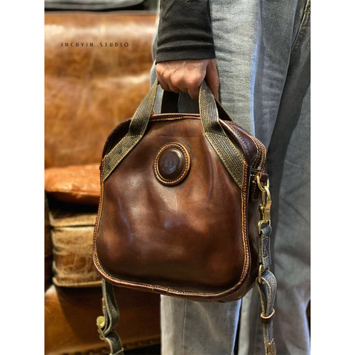 法式复古 植鞣蜡感黄牛皮手工单肩包  斜挎男女手拎包