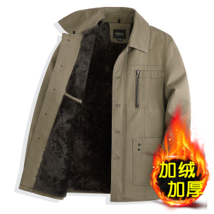 秋冬中年男士 保暖外套中老年夹克 纯棉加绒加厚棉衣翻领宽松爸爸装