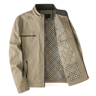 春秋季中年男士立领薄款夹克衫爸爸装纯棉休闲外套中老年全棉上衣