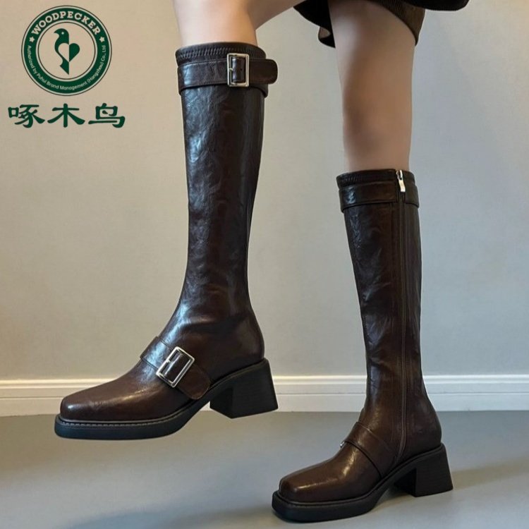 啄木鸟皮带扣长筒靴显瘦小筒围长靴女新款骑士靴粗跟不过膝靴子潮,女鞋,骑士靴,淘宝优惠券,粉丝福利购,淘宝优惠卷