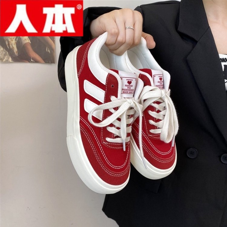 人本韩版复古帆布鞋女ins超火百搭休闲板鞋港风小众设计小白鞋潮