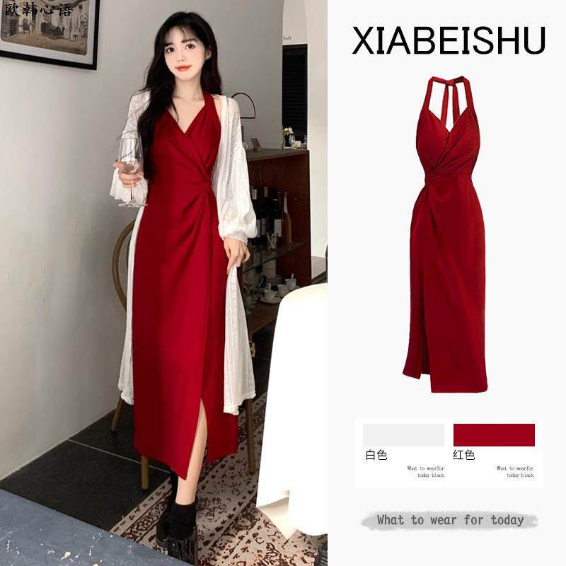 大码春秋夏季高级感红色挂脖吊带连衣裙女微胖mm显瘦遮肉礼服套装