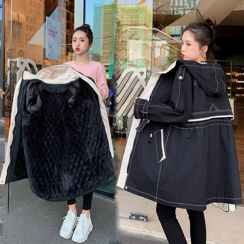 大码女装风衣胖mm宽松显瘦中长款加绒加厚外套羊羔毛棉衣派克服