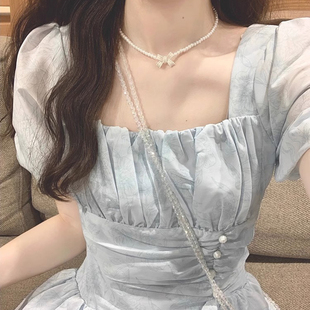 茶歇法式蓝色连衣裙女夏高级感气质收腰甜美在逃公主仙女初恋长裙