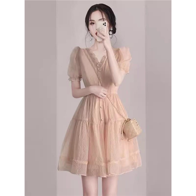 法式高级感连衣裙子女装夏季2025年新款雪纺小个子气质短袖中长裙
