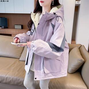 冬季冲锋衣加绒加厚外套女学生韩版宽松设计感拼色工装休闲棉服潮