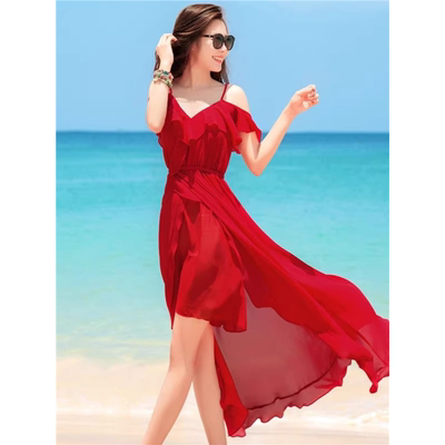 法式气质超仙红色连衣裙女春夏三亚云南旅游海边度假沙滩吊带裙子