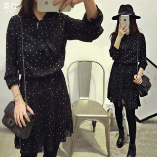 17399#秋冬季大码女装韩版显瘦长袖波点雪纺中长款碎花夏连衣裙子