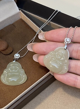实拍天然和田玉佛公吊坠弥勒佛大肚佛项链女款笑佛S925纯银锁骨链