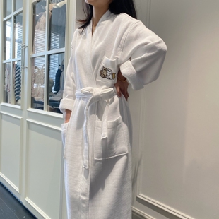 猫咪刺绣华夫格浴袍情侣吸水速干四季纯棉长款睡袍 狗狗裹胸浴裙