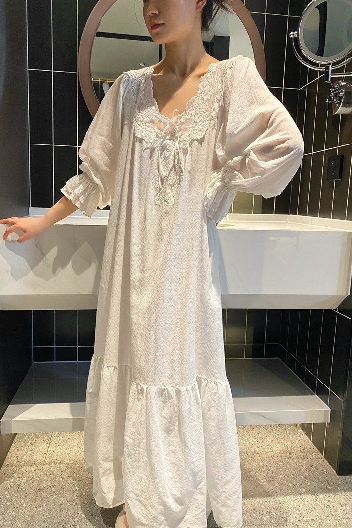 宫廷风纯棉睡裙女春季长袖甜美公主睡衣女蕾丝花边宽松大码家居服
