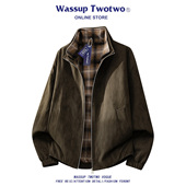 TWO TWO假两件pu皮夹克男春秋季 新款 WASSUP 美式 潮牌痞帅立领外套