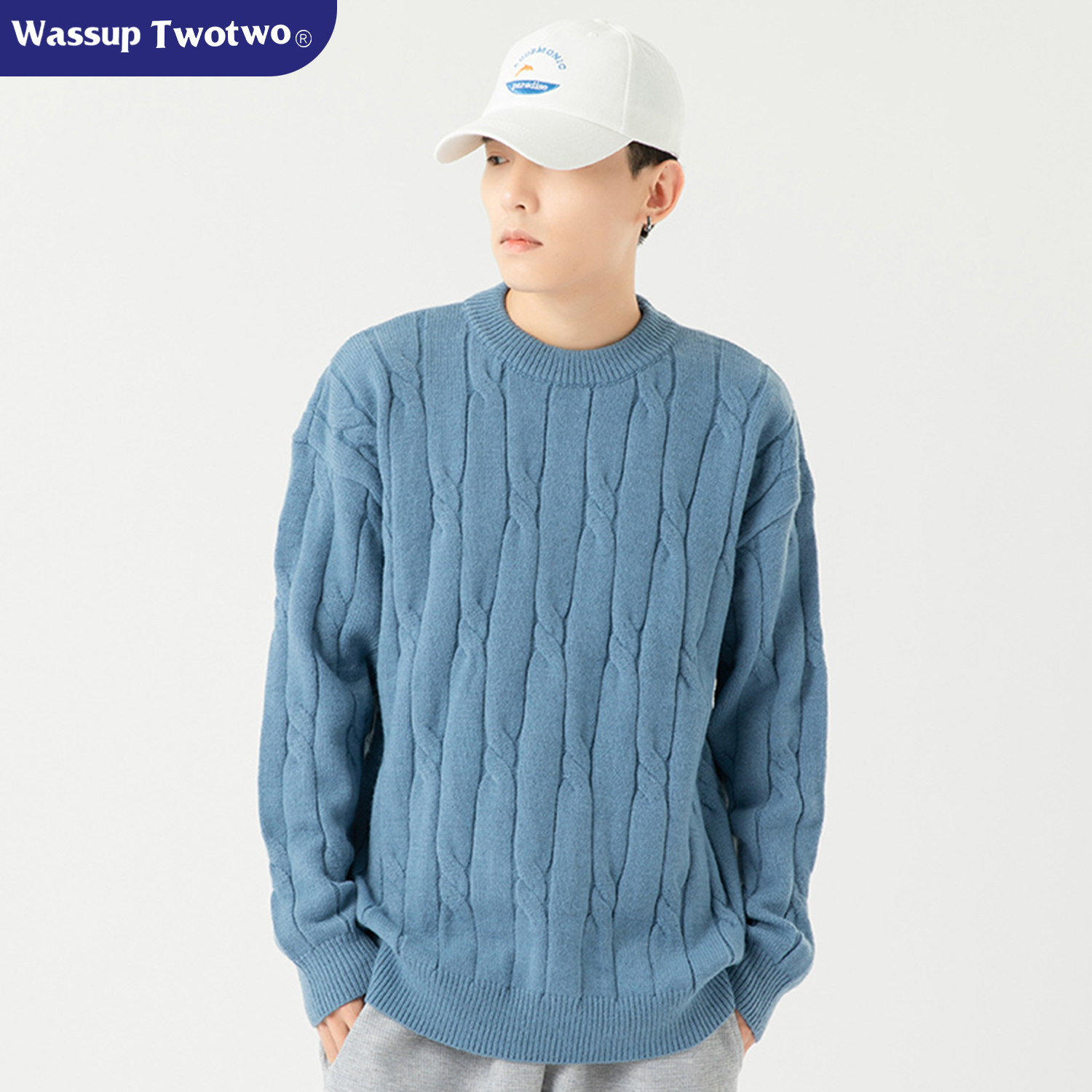 WASSUP TWO TWO潮牌春季情侣毛衣男圆领长袖上衣麻花纹新款针织衫