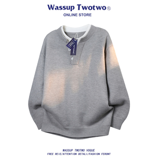 宽松保暖情侣针织衫 TWO日系假两件拼接亨利领毛衣冬季 TWO WASSUP