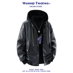 复古假两件连帽皮夹克男机车服痞帅高级感外套 TWO美式 WASSUP TWO