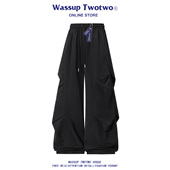 TWO 秋季 TWO美式 WASSUP 褶皱工装 黑色休闲裤 宽松直筒阔腿伞兵长裤