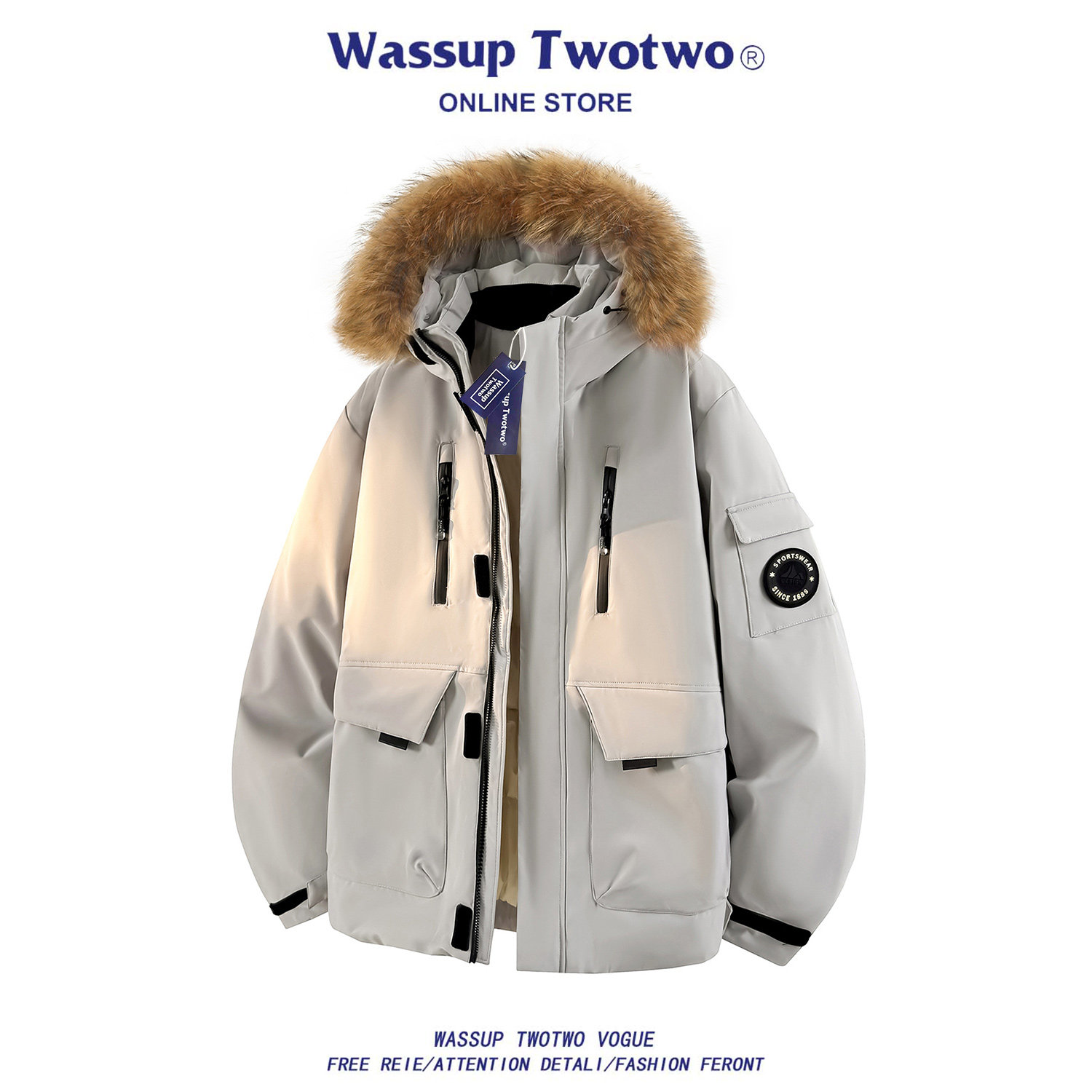 WASSUP TWO TWO工装风简约连帽羽绒服冬季新款加厚保暖冲锋外套男