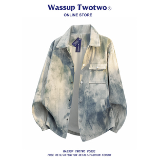 休闲风扎染牛仔夹克男春季 TWO韩式 复古设计感翻领外套 TWO WASSUP