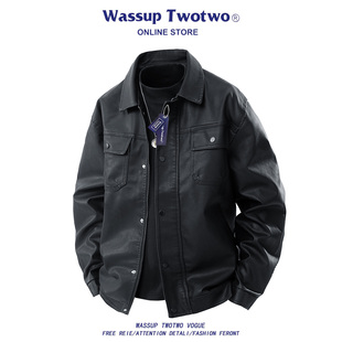 美式 WASSUP 皮夹克春秋季 TWO2025新款 复古黑色机车pu皮衣外套 TWO