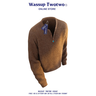 TWO 潮牌宽松情侣毛衣外套男款 TWO美式 秋冬季 亨利领针织衫 WASSUP