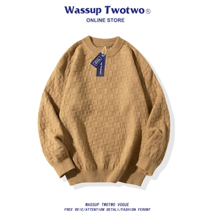 针织衫 WASSUP 棋盘格毛衣圆领套头复古潮流打底长袖 TWO秋冬季 TWO