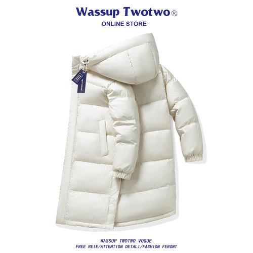 WASSUP TWO TWO美式连帽中长款羽绒服男冬季加厚过膝痞帅大衣外套