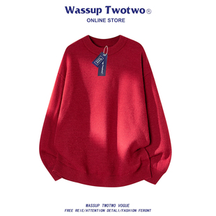 男女秋冬季 TWO慵懒风圆领红色打底衫 复古简约宽松毛衣 TWO WASSUP