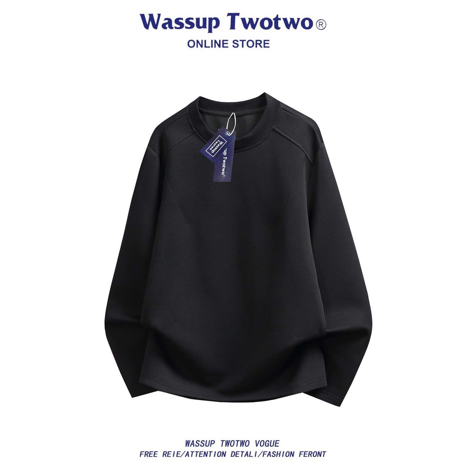 WASSUP TWO TWO美式极简风黑色长袖T恤男宽松圆领套头打底衫上衣,男装,卫衣,淘宝优惠券,粉丝福利购,淘宝优惠卷